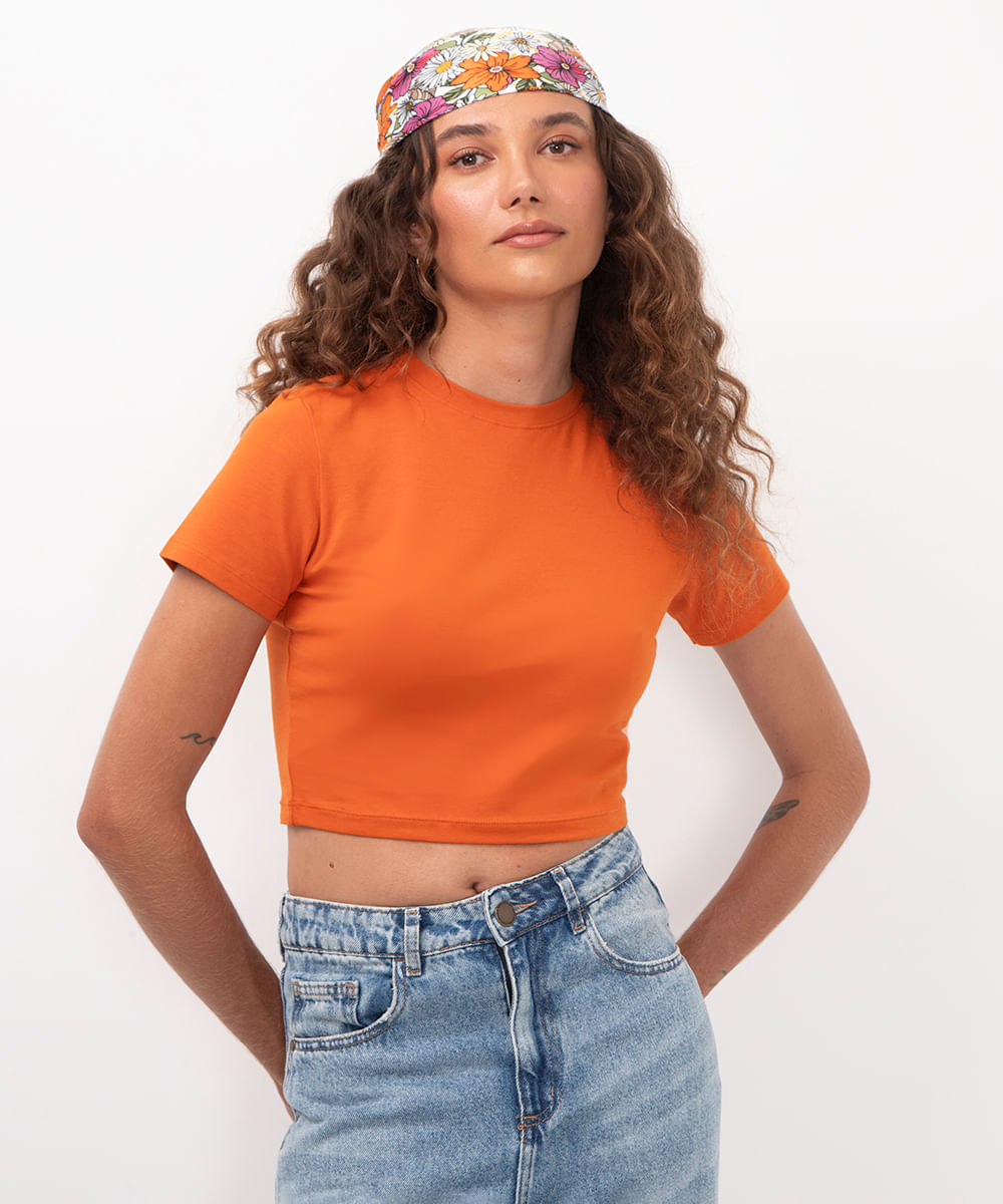 blusa baby look de algodão peruano laranja