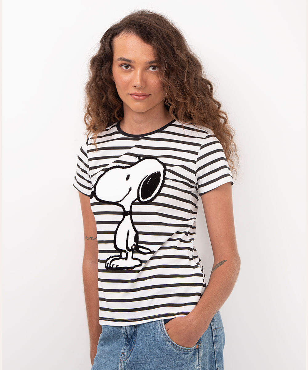 camiseta de algodão snoopy manga curta off white