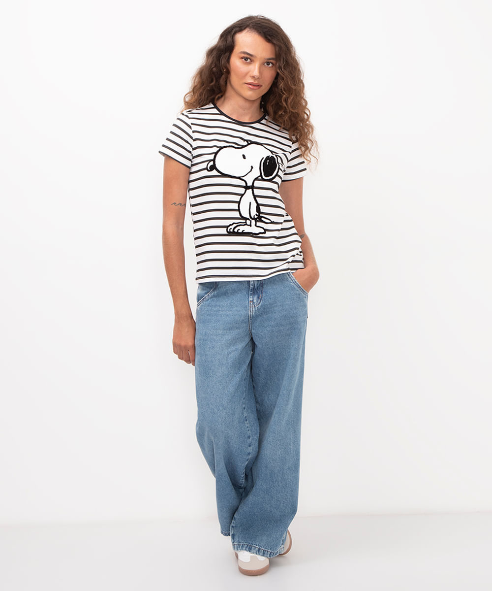 camiseta de algodão snoopy manga curta off white