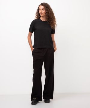 calça wide leg alfaiataria cintura alta com cinto preta