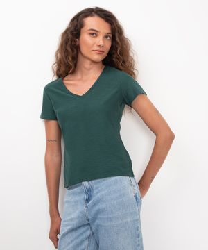 blusa básica manga curta decote v verde