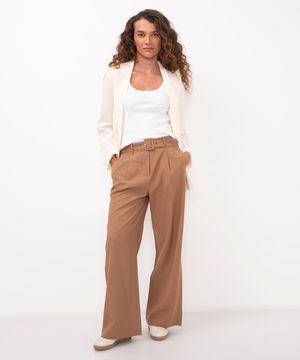 calça wide leg alfaiataria cintura alta com cinto bege