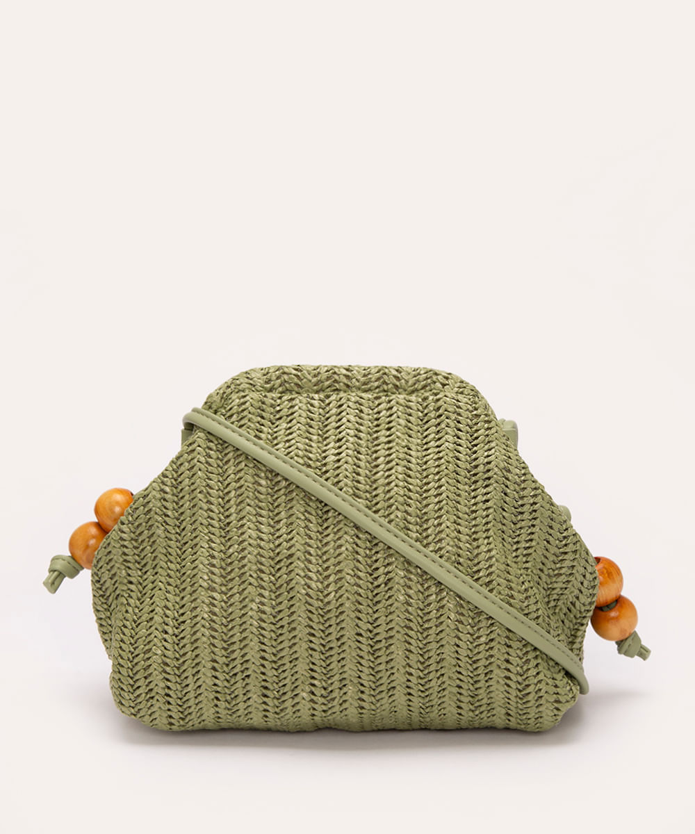 bolsa de palha com tassel e pedras verde