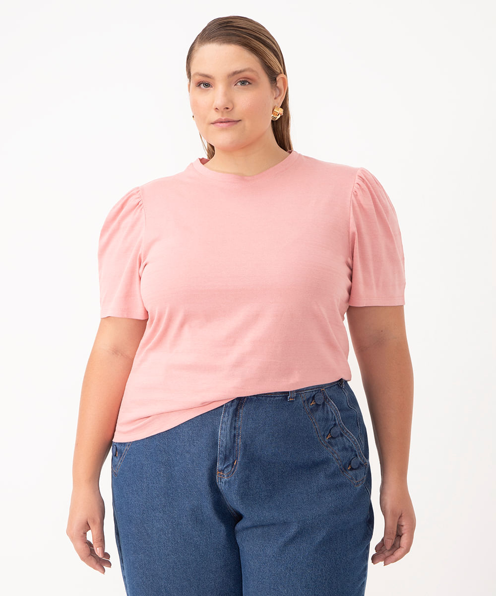 blusa básica plus size manga bufante rosa