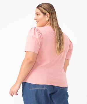 blusa básica plus size manga bufante rosa