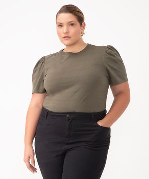 blusa básica plus size manga bufante verde