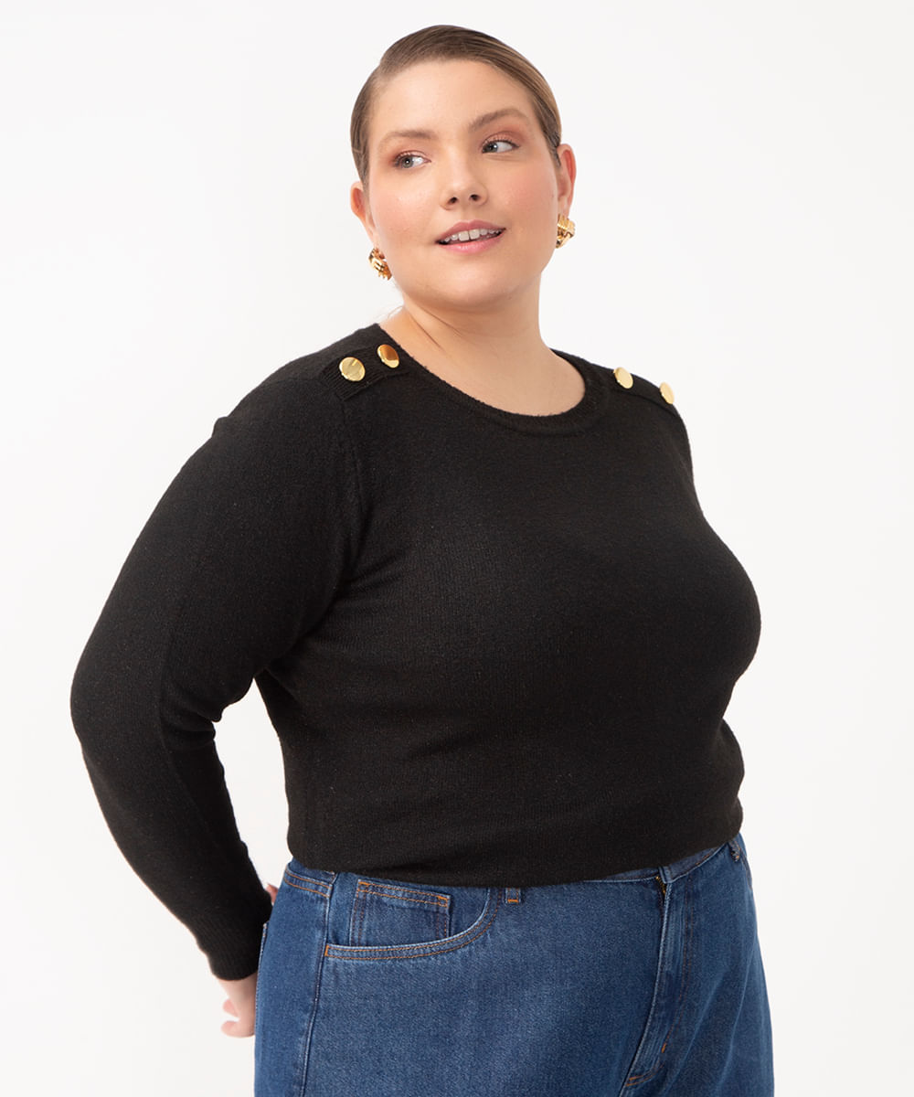 suéter tricot com botões plus size preto