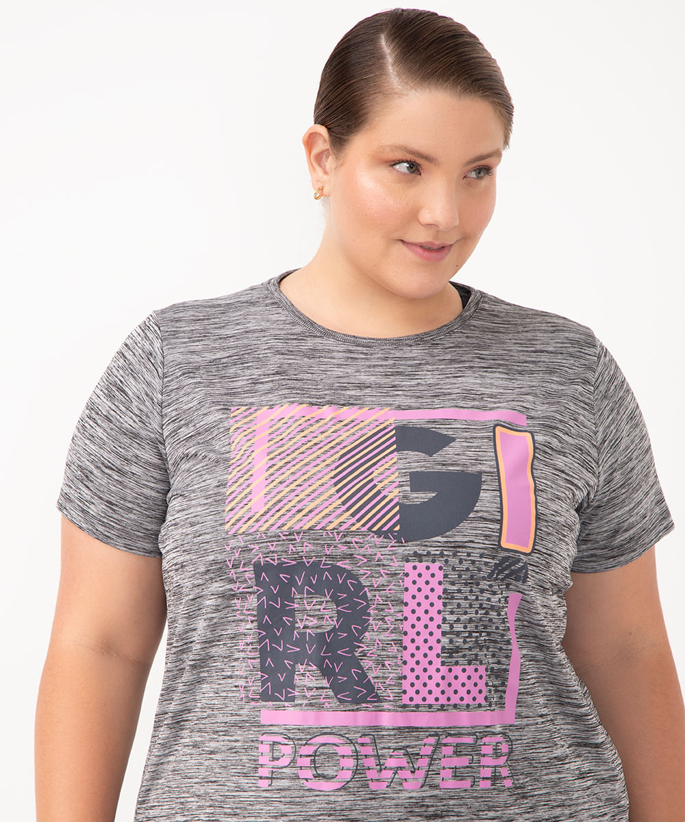 camiseta girl power esportiva plus size cinza