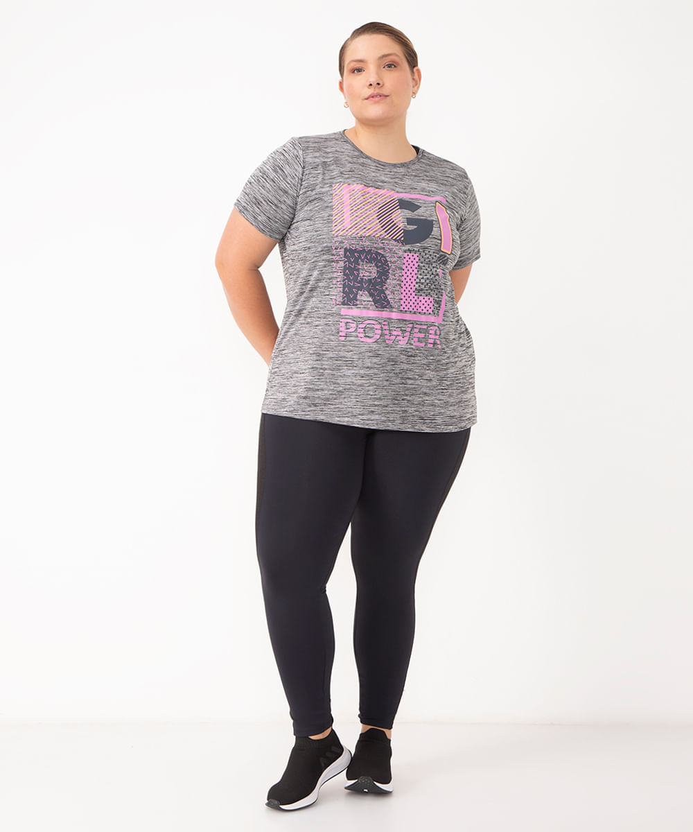 camiseta girl power esportiva plus size cinza