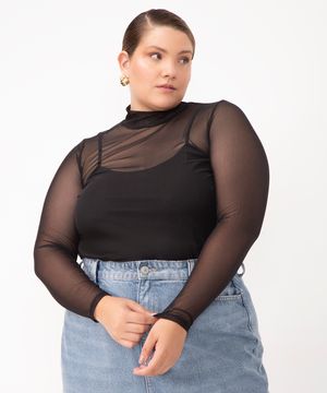 blusa de tule plus size gola alta preta