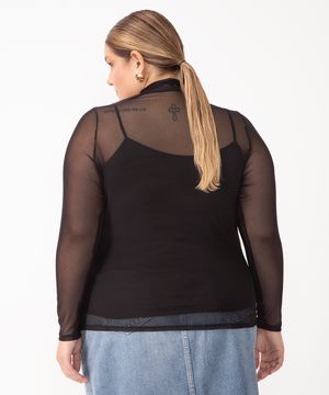 blusa de tule plus size gola alta preta