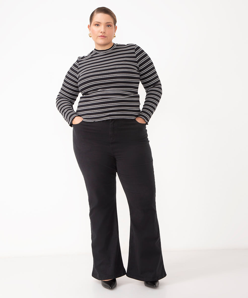 blusa de viscose listrada plus size preta