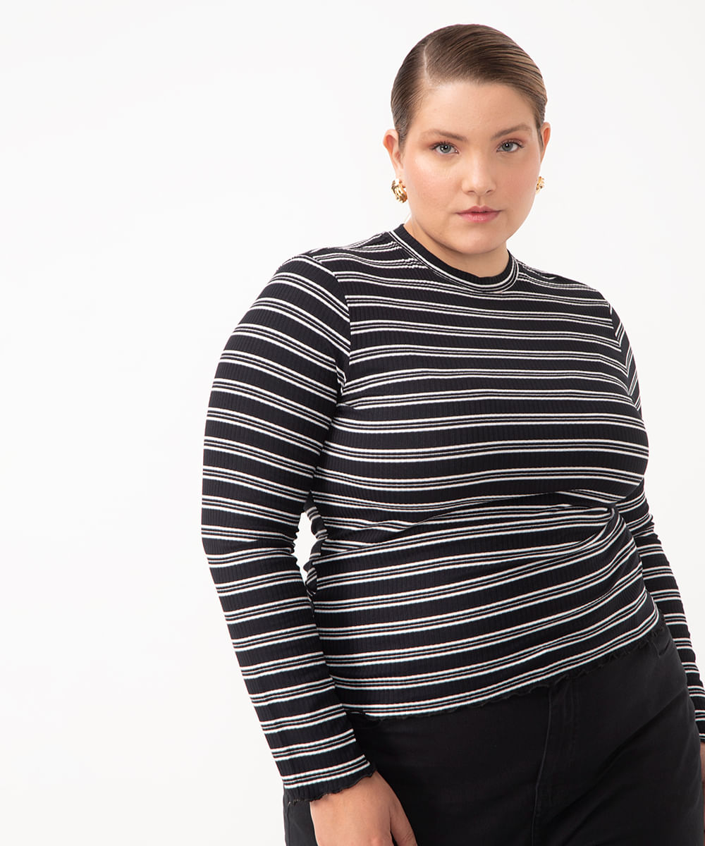 blusa de viscose listrada plus size preta