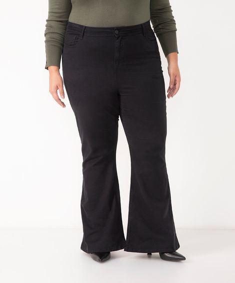 calça flare de sarja cintura alta plus size preta
