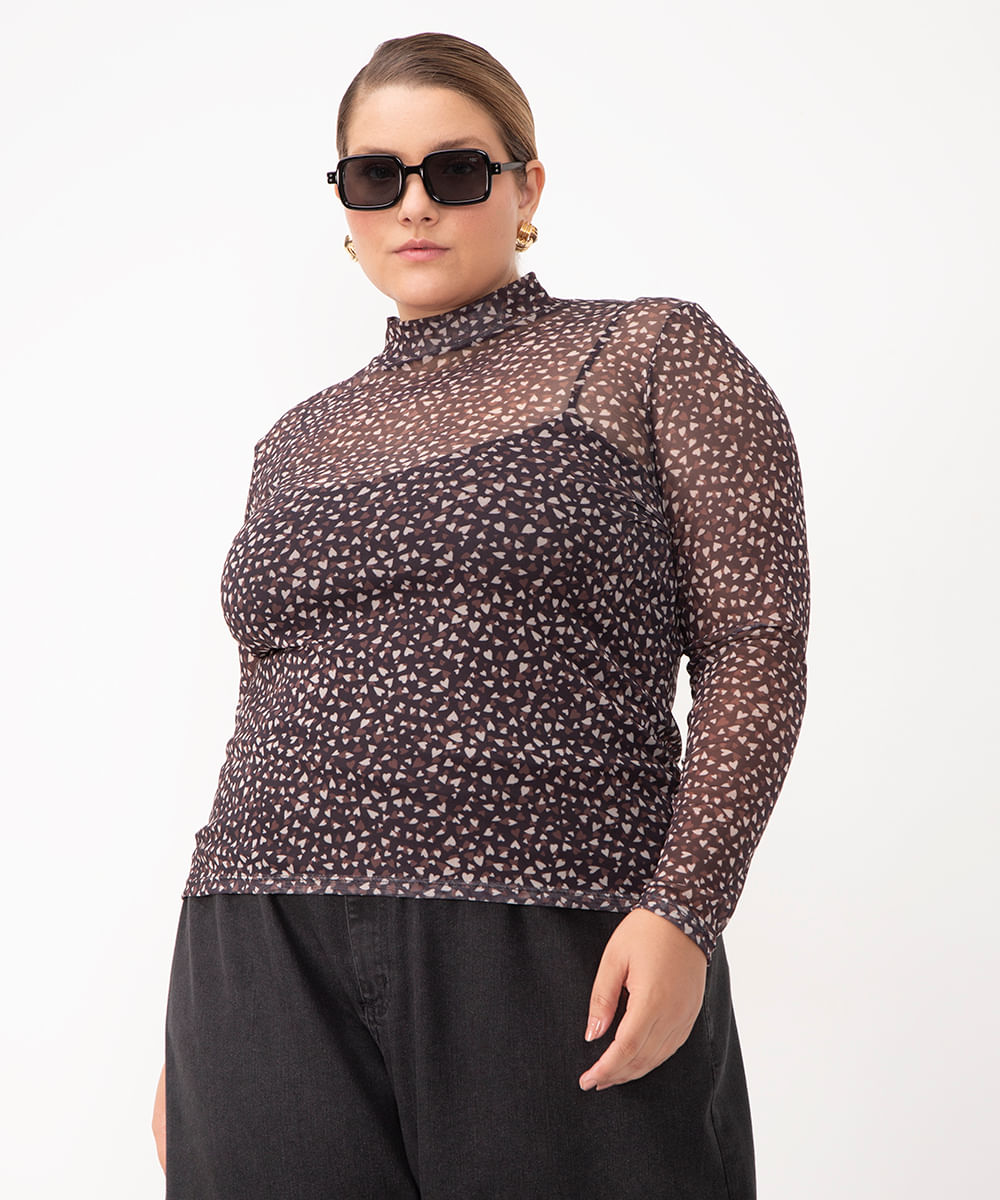 blusa de tule corações plus size gola alta preto