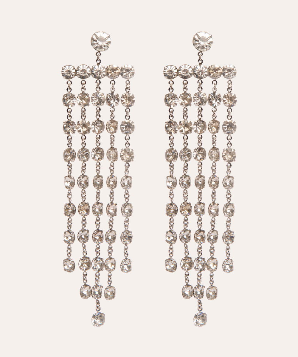 brinco alongado franjas strass mindset prata