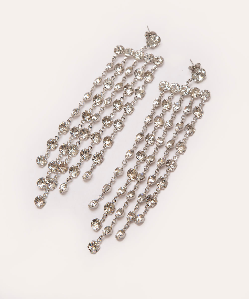 brinco alongado franjas strass mindset prata