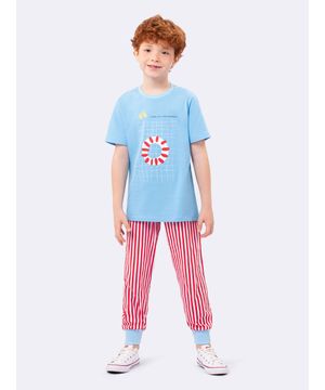 Pijama Manga Curta com Calça Jogger Masculino Infantil Miami Beach Veggi Azul