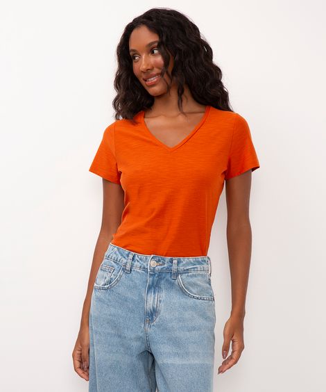 camiseta de algodão peruano decote v - terracota