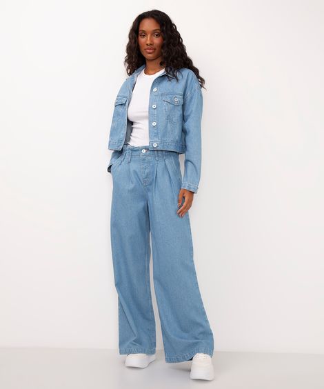 calça jeans wide leg cintura alta com pregas ciclos azul