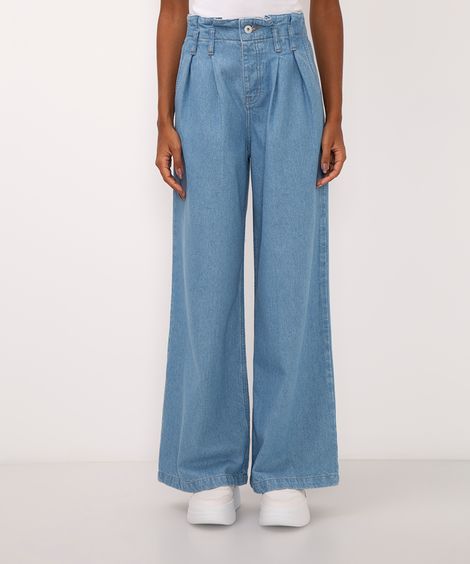 calça jeans wide leg cintura alta com pregas ciclos azul