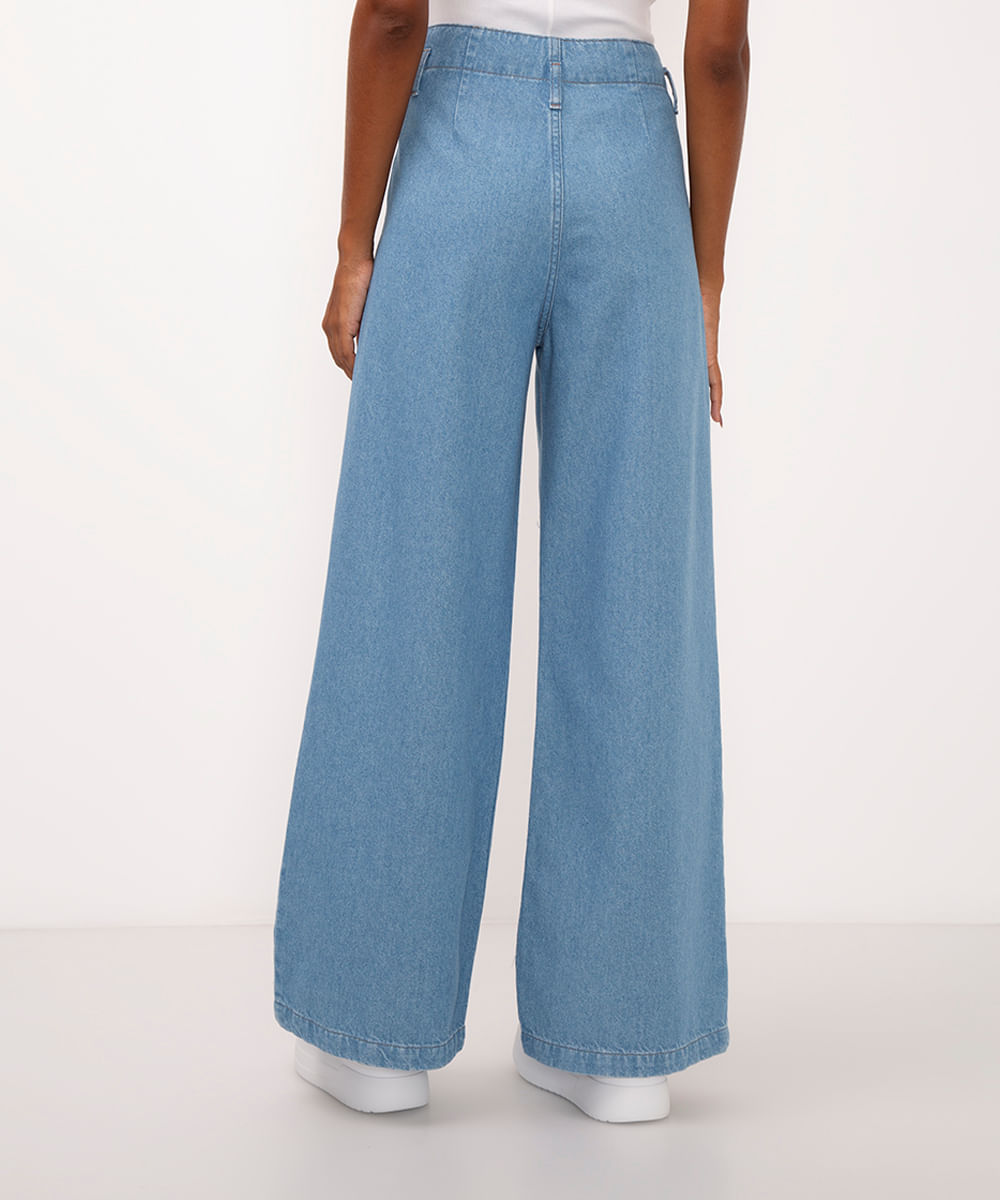 calça jeans wide leg cintura alta com pregas ciclos azul