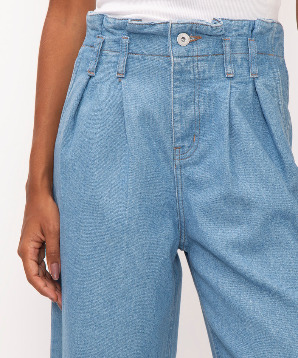 calça jeans wide leg cintura alta com pregas ciclos azul