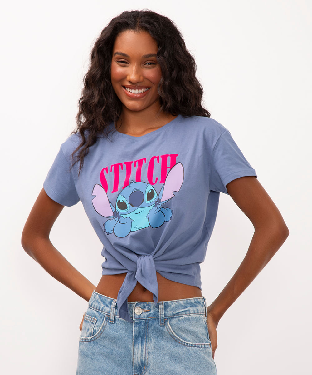 camiseta com nó stitch azul