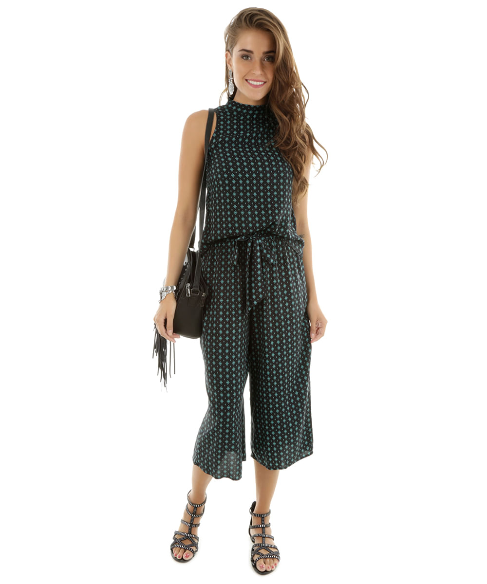 Calça Pantacourt Floral Preta