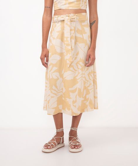 saia midi com linho floral cintura alta bege