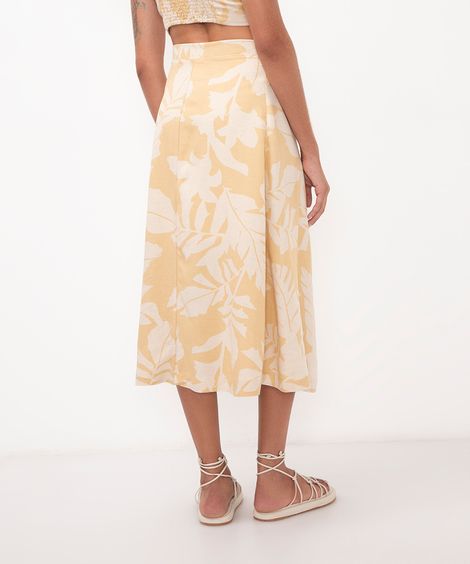 saia midi com linho floral cintura alta bege