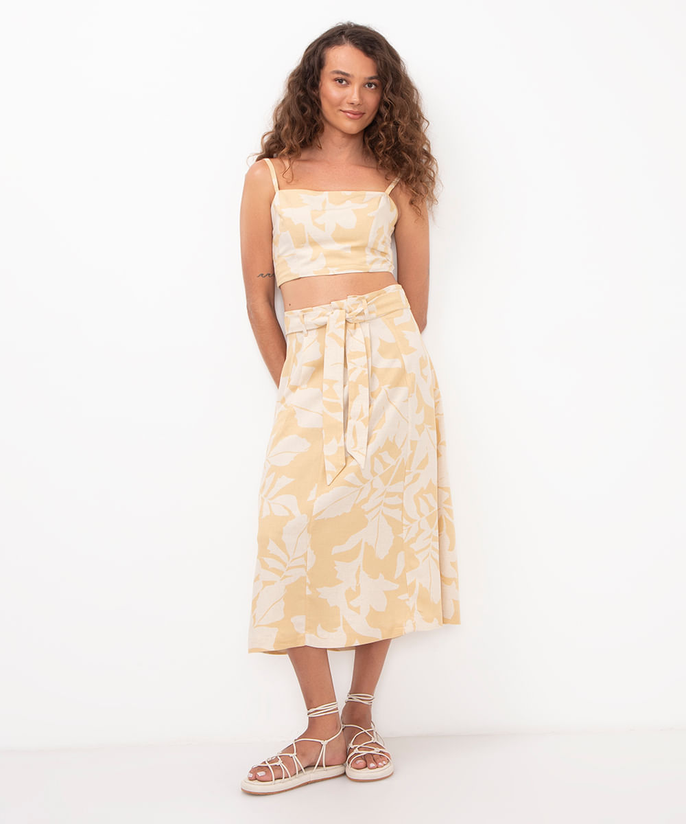 saia midi com linho floral cintura alta bege