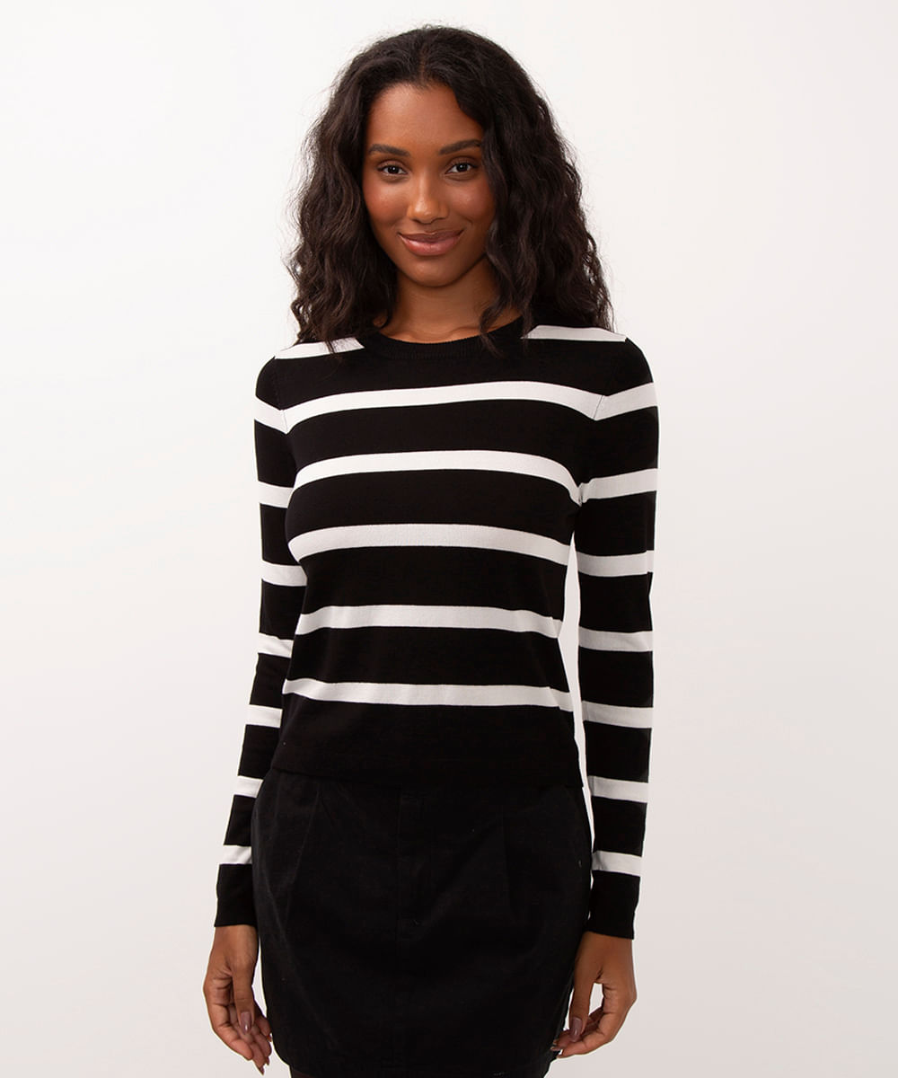 suéter de tricot básico listrado - preto