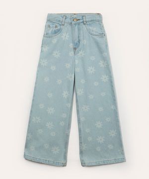 calça jeans infantil wide leg flores azul claro