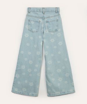 calça jeans infantil wide leg flores azul claro