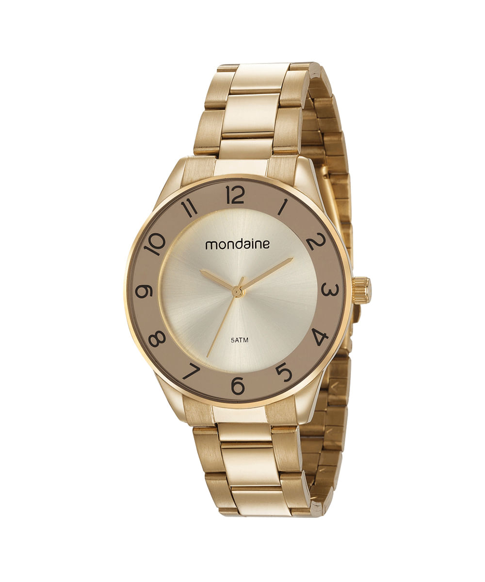 kit relógio analógico mondaine 53637LPMVDE1KC com pulseira dourado