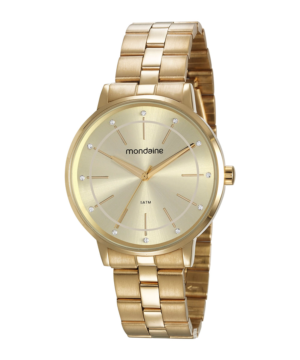 kit relógio analógico mondaine 53749LPMVDE1KL com colar dourado