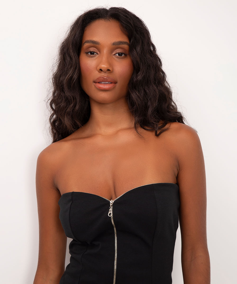 blusa sem alça com zíper preta
