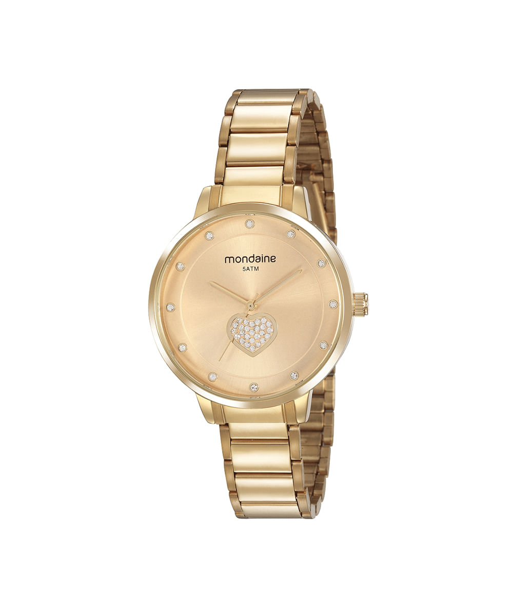 kit relógio analógico mondaine 53863LPMVDE1KE com colar e brinco dourado