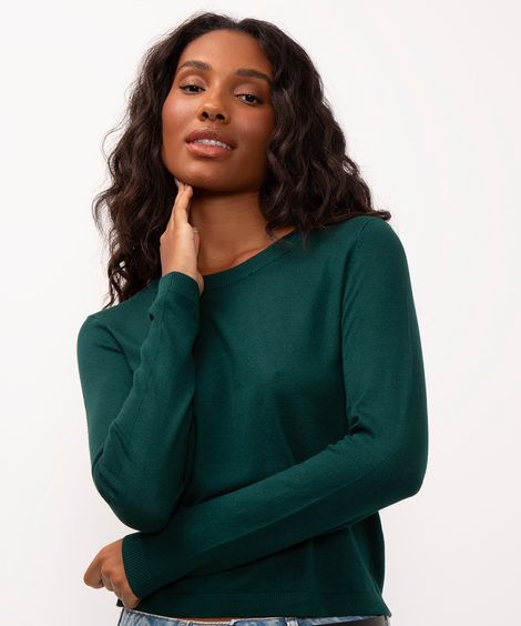 suéter de tricot manga longa básico verde