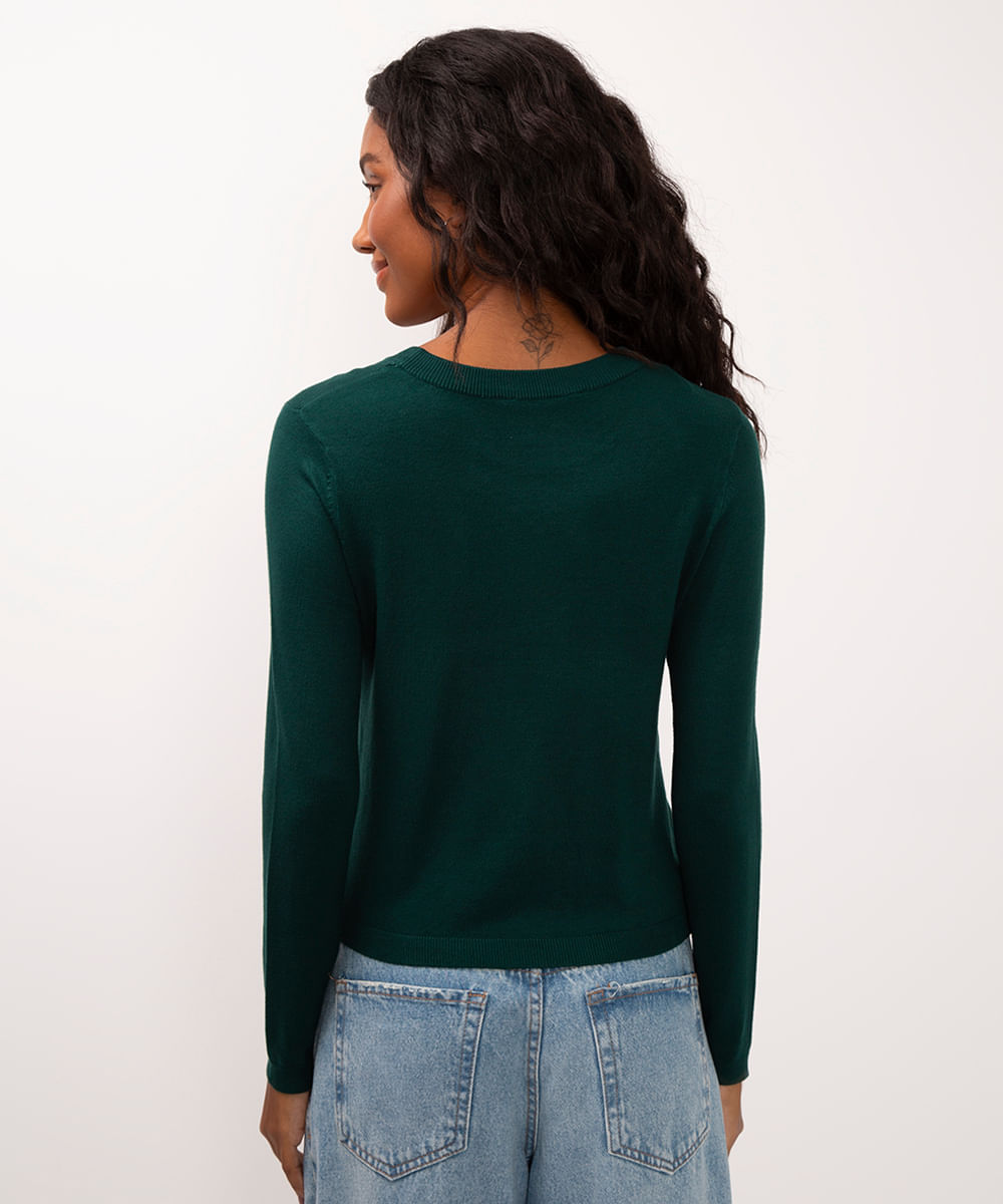 suéter de tricot manga longa básico verde