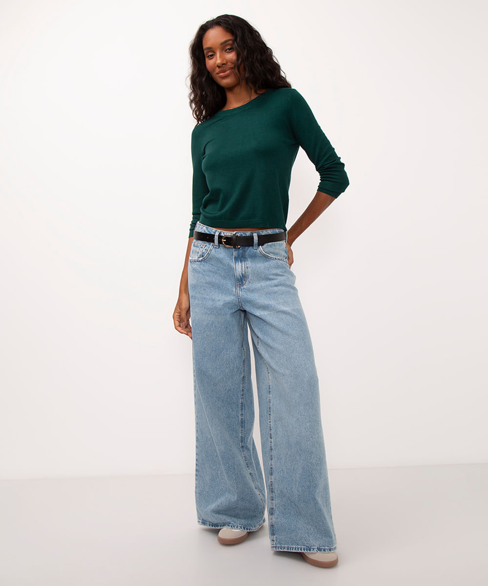 suéter de tricot manga longa básico verde