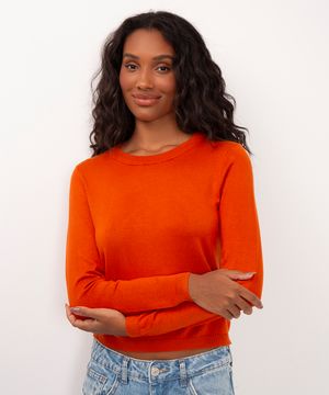 suéter de tricot manga longa básico laranja
