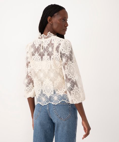 blusa de renda bordada gola alta bff camila off white