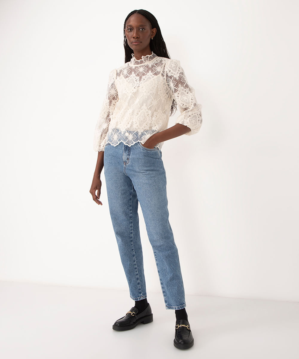 blusa de renda bordada gola alta bff camila off white