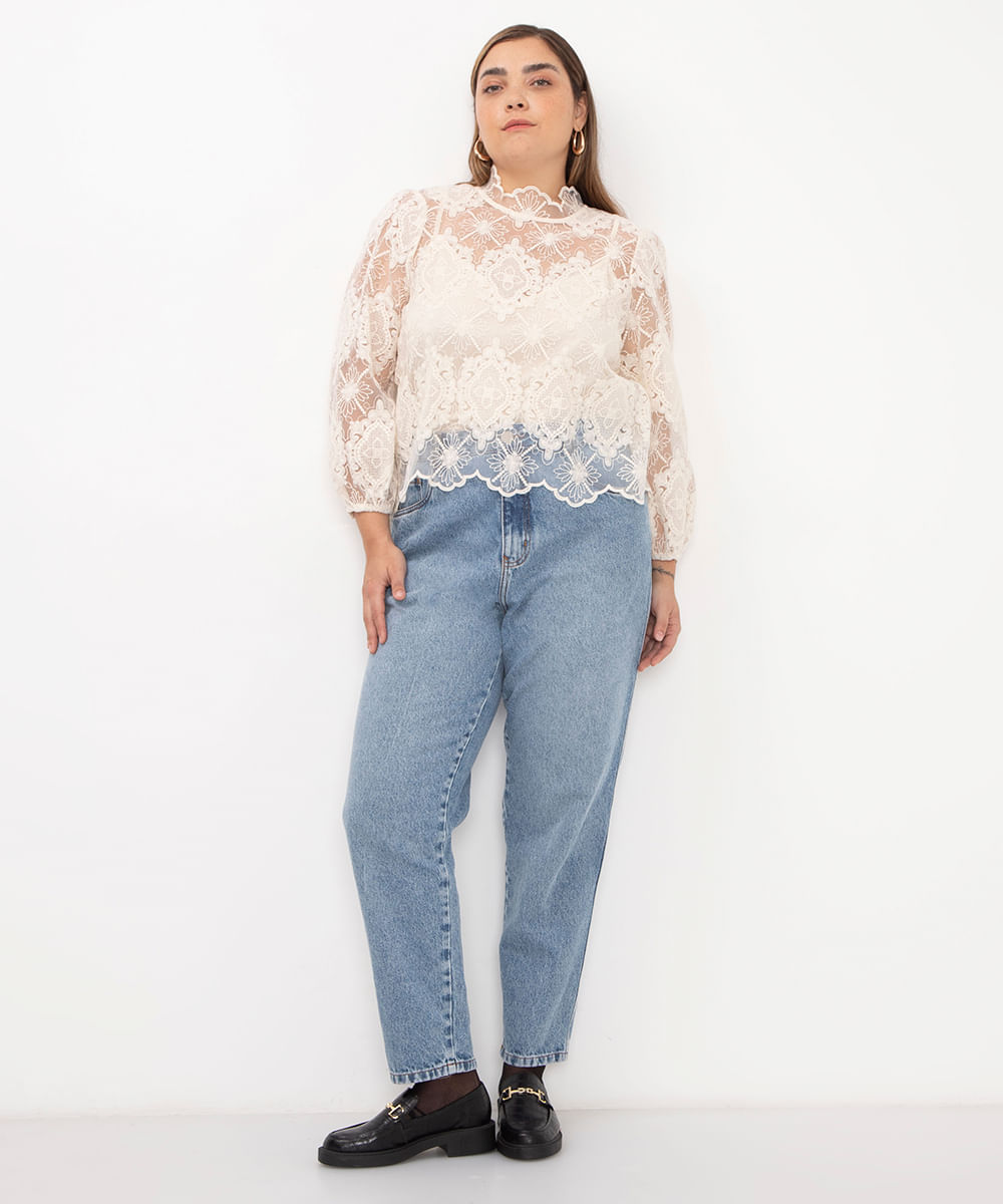 blusa de renda bordada gola alta bff camila off white