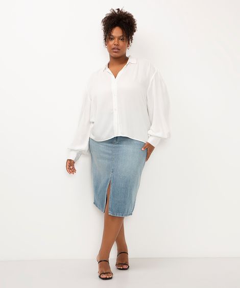 saia jeans midi plus size azul médio