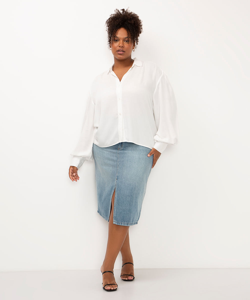 saia jeans midi plus size azul médio