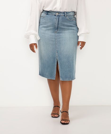 saia jeans midi plus size azul médio