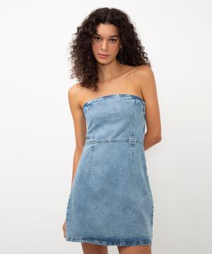 vestido jeans curto sem alça